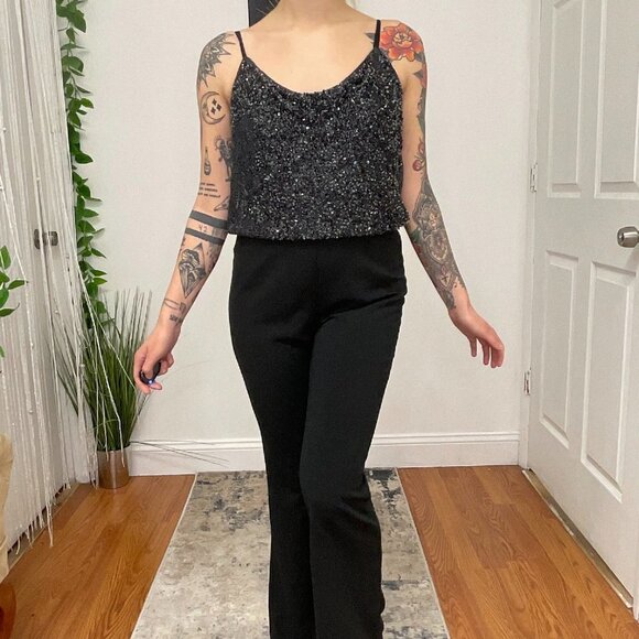Parker Sleeveless Beaded Bodice Evening Jumpsuit Crepe Pant Size 2 Black - Picture 1 of 6
